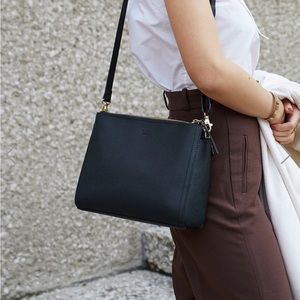 Lo & Sons Pearl crossbody purse in black Saffiano leather with gold hardware